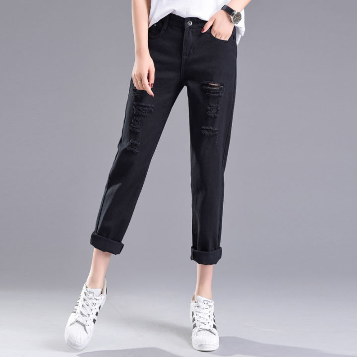 Ripped%20jeans%20cropped%20pants%20women's%20black%20and%20white%20loose%20student%20light%20color%20bf%20beggar%20pants%20spring%20new%20harlan%209%20point%20pants%20-%20Image%206