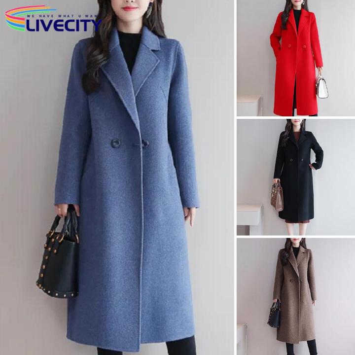 Mid-length Woolen Cardigan Stylish Women's Woolen Coat with Lapel Pockets Trendy Mid-length Cardigan for Autumn/winter Women Woolen Coat