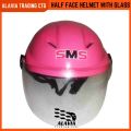 Pink Half Face Helmet – Cap Style Bike Helmet with Sun Protection Glass | Stylish Open Face Helmet for Men & Women – Durable ABS Build. 