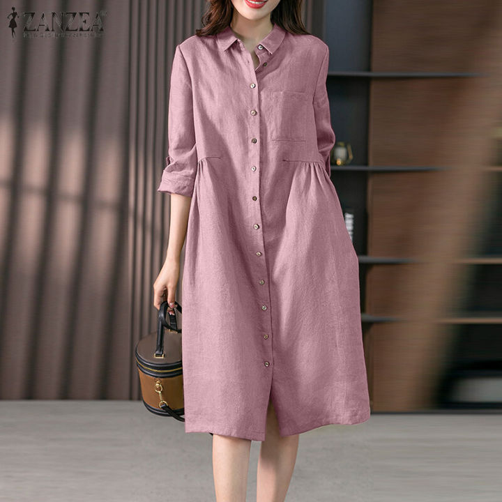 ZANZEA Women's Vintage Button Up Solid Midi Dresses Commute Leisure Lapel Shirtdress #8