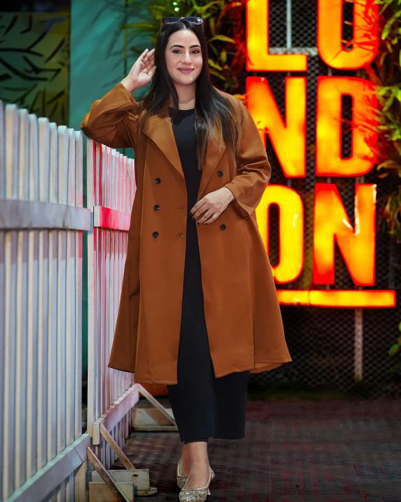 New Design Women Fashionable Winter Collection Premium Quality China Suit Leather Fabric Coffee Color Long Over Coats / Jacket / Suit For Women By Classical Mart