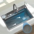Waterfall Sink Basin Large Single Slot Digital Display 304 Stainless Steel Sink With Waterfall Faucet For Kitchen Renovation.