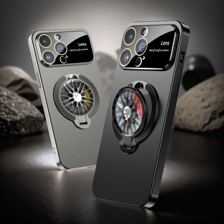 Rotation Gyroscope Magnetic Stand Phone Case For iPhone 14 13 11 12 15 Pro Max 15Plus Large Windows Full Lens Protection Cover