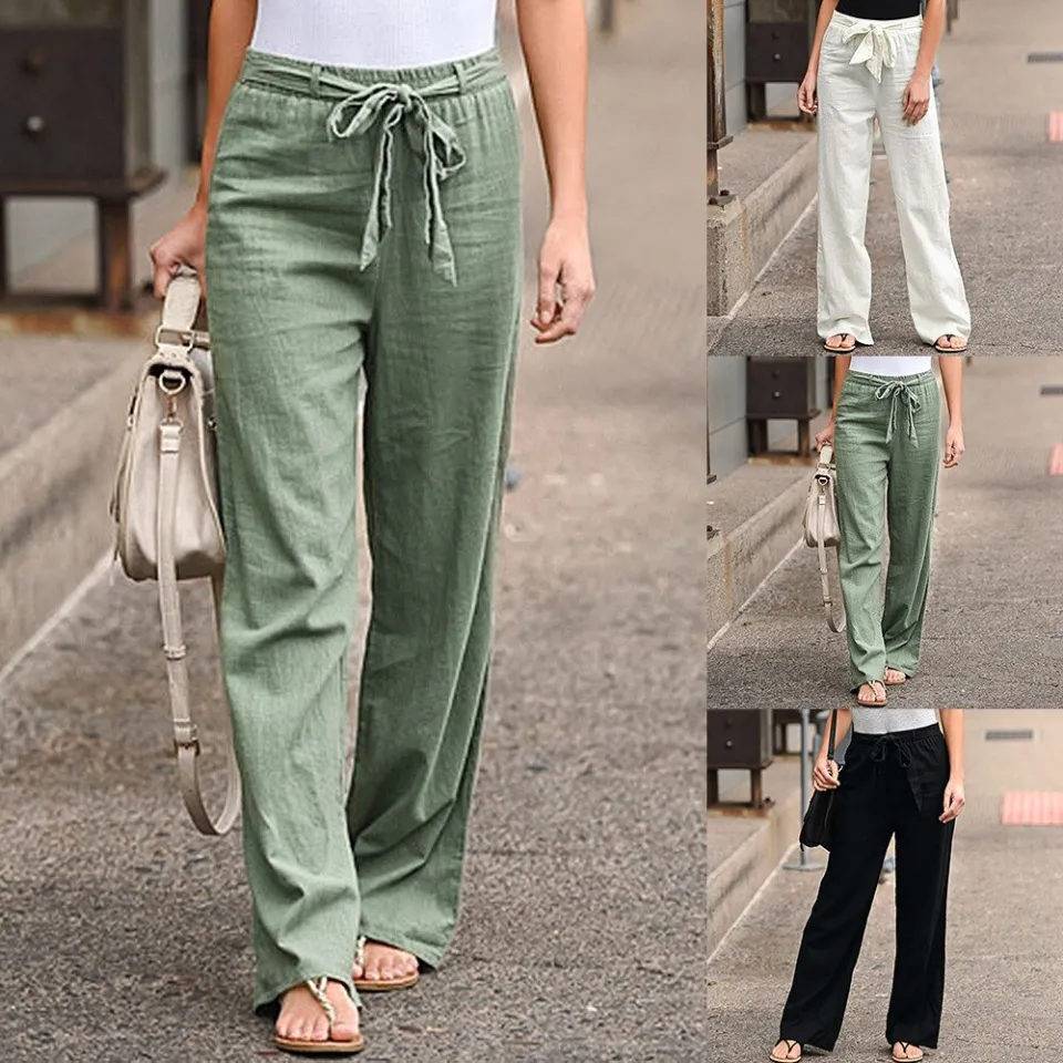 Women Pants Linen Cotton Casual Pants Solid Green Trousers Summer Female Ankle length Length Trousers Daraz .bd