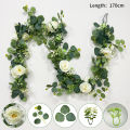 Happy night 1pc Artificial Eucalyptus Leaves Greenery Garland Faux Plant Spring Vines with White Flowers Berries for Wedding Home Party Deco. 