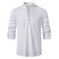 Men's White Shirts Spring Autumn V-neck Top Casual Shirt Man Blouse Long Sleeve Cotton Linen Shirts Viking Front Lace Up Chemise. 