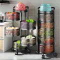 5 Layers Kitchen Rotating Shelf 360 Degree Baskets Fruit Vegetable Storage Rack Floor Round Shelf With Wheels. 