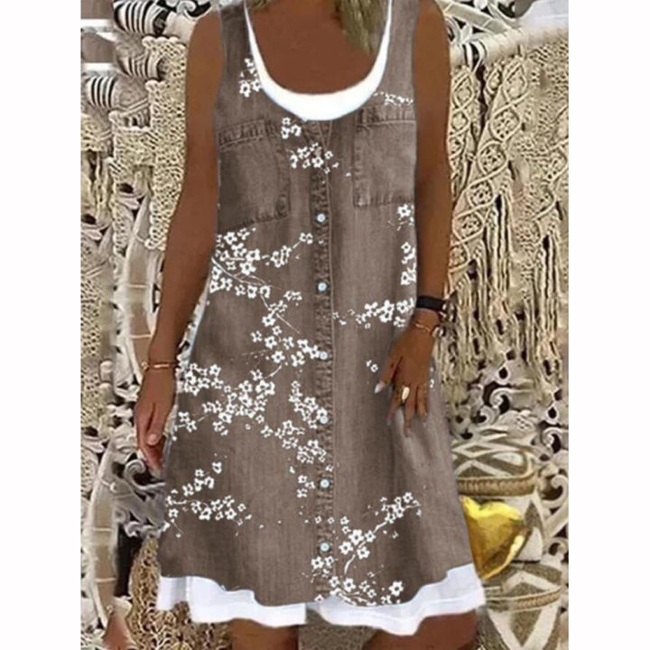 Midi%20Dress%20Ladies%20Shirt%20Dresses%20Plus%20Size%20Womens%20%20Two%20Piece%20Denim%20Print%20Casual%20Dress%20Sleeveless%20-%20Image%204