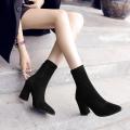 Ankle Chunky High Heel Sock Chelsea Boots Women Autumn Fashion Pointed Frosted Suede Short Boots Female Pumps Warm Boots. 