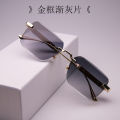 2023 New frameless cut edge sunglasses European and American fashion trends wood grain leg gradient sunglasses men's and women's universal square glasses.