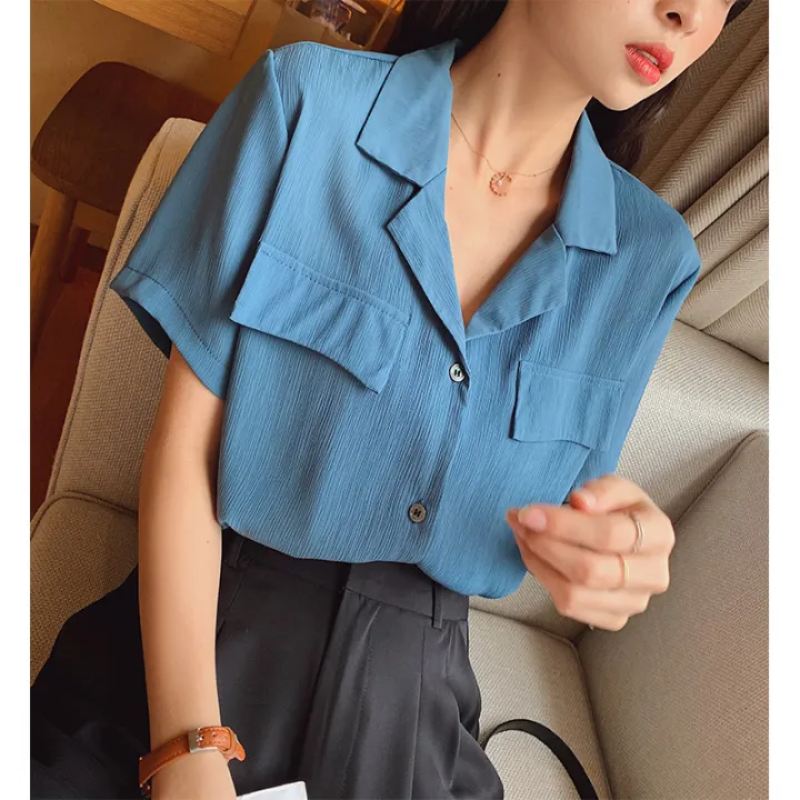 British%20Style%20Graceful%20and%20Fashionable%20Short-Sleeved%20Shirt%20Women's%20Summer%20New%20Design%20Sense%20Loose%20Suit%20Collar%20Korean%20Style%20Shirt%20Women's%20Clothing%20-%20Image%208