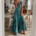 Women Floral Print Casual Dress Summer Elegant V-neck Pleated Vintage Bohemian Maxi Dresses Female Big Swing Holiday Long Dress. 