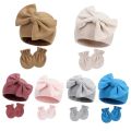 Soft Cotton Baby Bowknot Hat+Gloves Set Newborn Beanie Cap Anti-scratch Mittens for 0-6 Months Baby Bonnet Shower Gift.