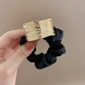 Elegant Metal Flower Hair Rope Ring Elastic Hair Tie For Women Girl Satin Solid Color Rubber Scrunchies Summer Ponytail Holder. 