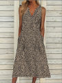 2021 Summer New Dress Fashion Pocket V Collar Sleeveless Striped Dress.