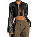 Women Crop Leather Jacket Solid Color Casual Long Sleeve Button Down Jacket Fall Outwear. 