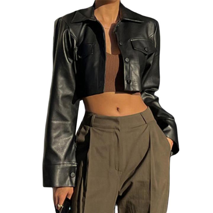 Women Crop Leather Jacket Solid Color Casual Long Sleeve Button Down Jacket Fall Outwear