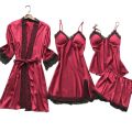 Women Pajamas Sets Satin Sleepwear Silk 4 Pieces Nightwear Pyjama Spaghetti Strap Lace Sleep Lounge Pijama With ChPads.