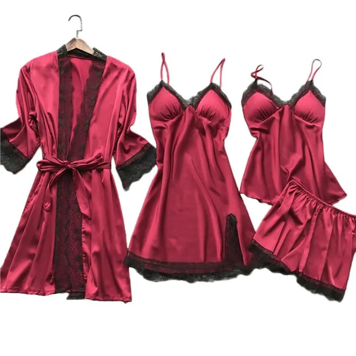 Women%20Pajamas%20Sets%20Satin%20Sleepwear%20Silk%204%20Pieces%20Nightwear%20Pyjama%20Spaghetti%20Strap%20Lace%20Sleep%20Lounge%20Pijama%20With%20ChPads%20-%20Image%203