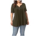 5XL Plus Size Women Short Sleeve Loose T-Shirt Casual Solid Button Pleated Tunic Tops Large Female Pullover Tops Summer Clothes.