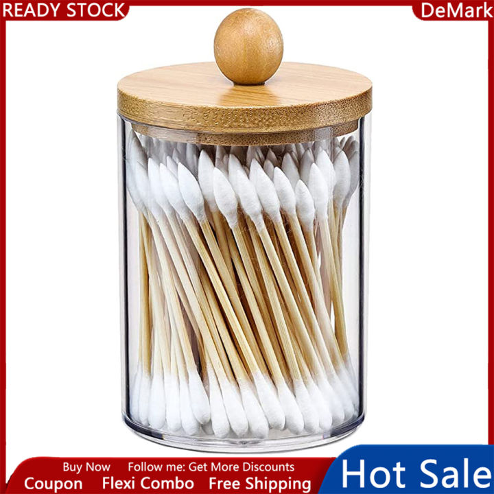 4 Pack Qtip Holder, 10-Ounce Bathroom Organizer Accessories Storage Containers Clear Plastic Apothecary Jars with Bamboo Lids for Cotton Ball, Cotton Swab, Floss