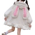 Hoodies Women Large Size Solid Zip-up Long Lantern Sleeve Hooded Rabbit Ears Lolita Cute Sweet Girls Harajuku Style Warm Baggy.