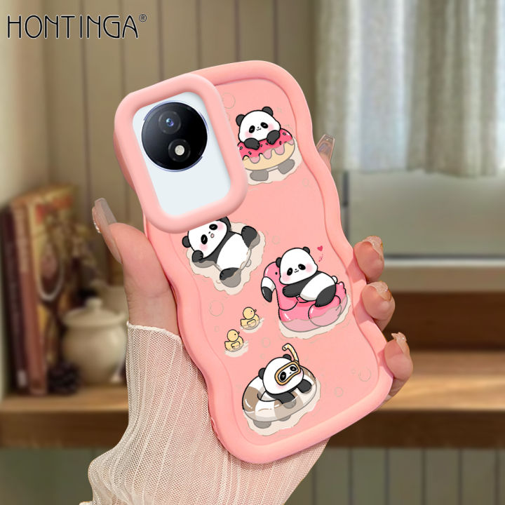 Hontinga for Vivo Y02 Y02A Y02T Back Cover Cute Panda Pattern Luxury Phone Cover Soft Silicone Macaron Wave Mobile Case