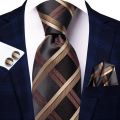 【Bestselling Product】 Black Brown Silk Ties For Men 2024 Classic Plaid Check Business Wedding Mens Neck Tie Handkerchief Cufflinks Gift For Men Hi-Tie.