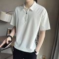 Japanese Style Simple Waffle Solid Color polo Shirt Short Sleeve Boys Niche Design Half Zipper and Lapel Top T-shirt. 