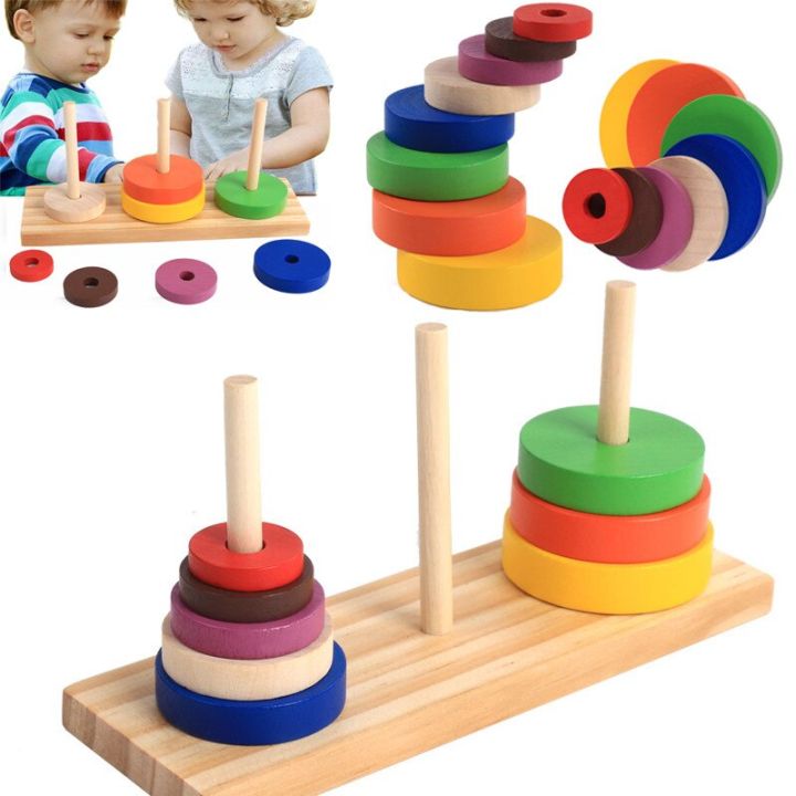 Montessori Wooden Geometric Puzzle Sorting Math Bricks Stack Tower Preschool Learning Educational Game Toys For Children