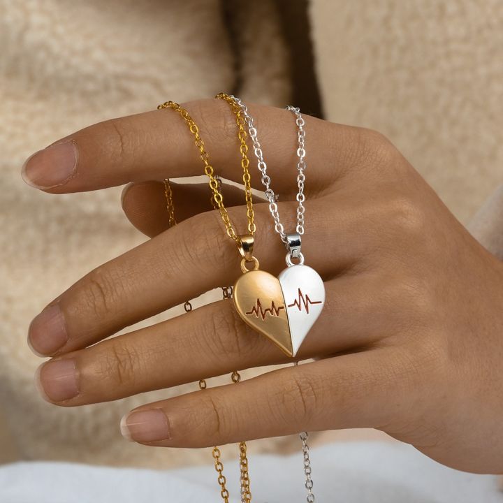 Fashion Magnetic Heart Shape Necklace Sweet Romantic Electrocardiogram Pendant Necklace Love Couple Necklace for Women Girls Jewelry Valentine's Day Gift