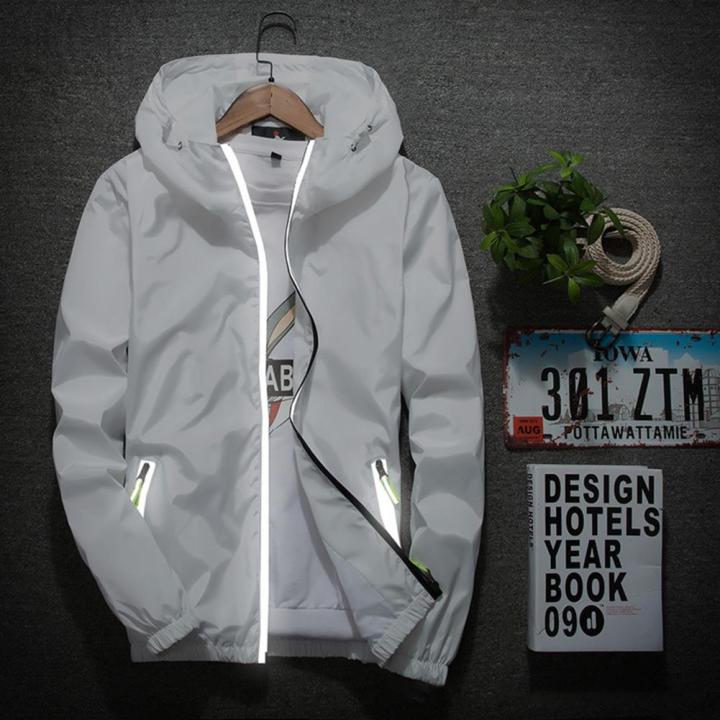 Popular Men Coat Super Thin Hoodie Jacket Reflective Zipper Hood Elastic Cuff Coat Anti Sun