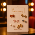 Trendy 6 Pair Stud Earring Set for Women & Girls – Blue Floral, Pearl, and Gold Design, Fashion Jewelry Gift Set.
