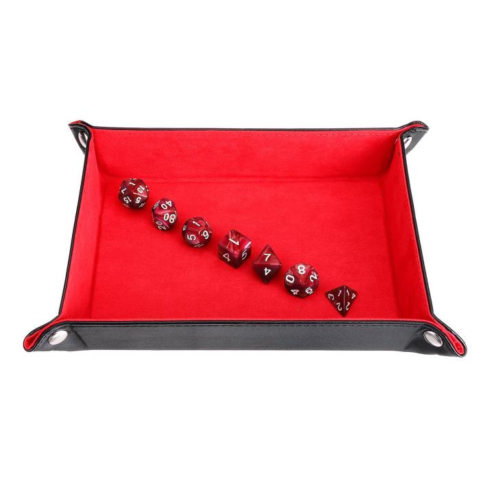 Amusing Red Handcrafted Dice Tray Collapsible Desktop Box + 7 Dices For Board Gaming Fun