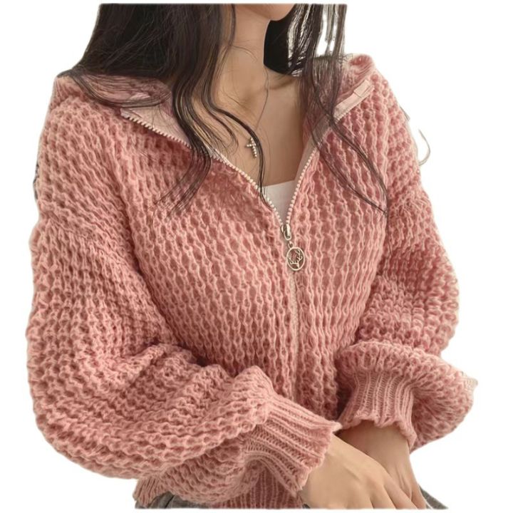 【Top Selling Item】 2023 Korean Style Casual Hooded Knitted Cardigan Laid-back Loose Elegant Zipper Sweater Jacket