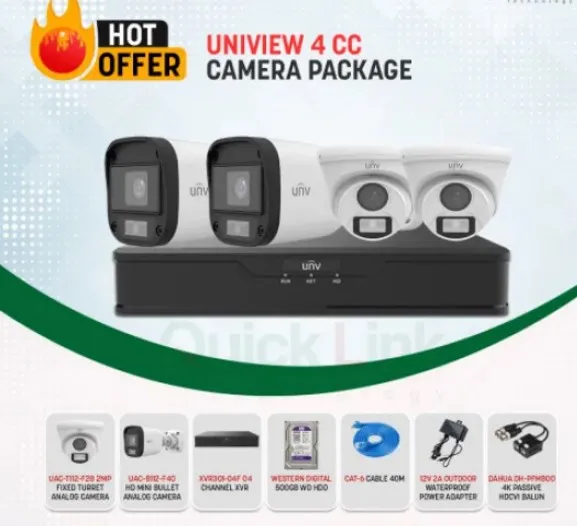 Uniview 4 Camera Package With all accessoriess,  XVR 2 MEGA XVR301-04F Camera, HDD 1Pcs, Balun Adapter , CAT6 Cable 40Meter, support AHD/TVI/CVI/CVBS/IP, 2MP input, 2MP encoding capability, audio over coaxial