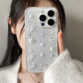 3D Pearl Bow Silver Foil Epoxy Phone Case For iPhone 15 14 13 12 11 Pro Max XS Max XR X 7 8 Plus Cute Clear Soft Silicone Cover.