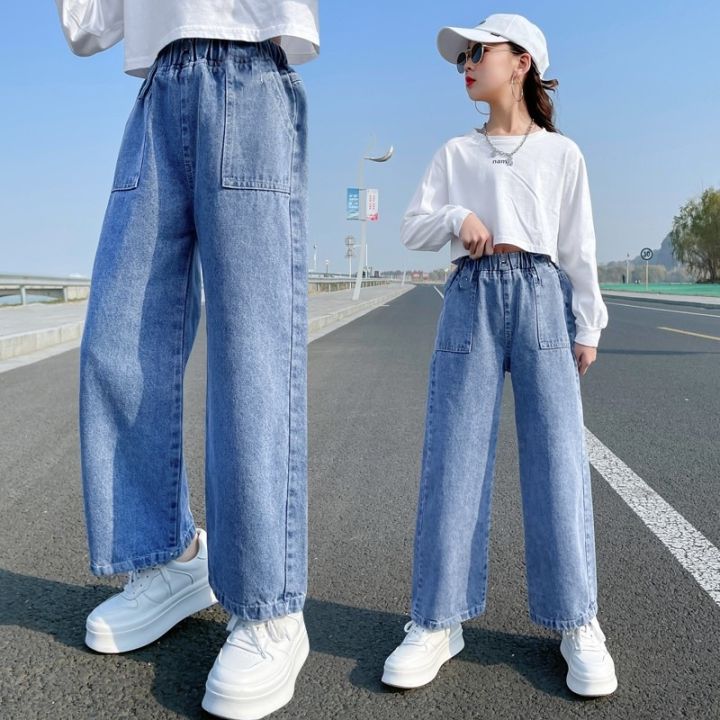 Girls' jeans, wide-leg pants, spring and autumn new children's clothes, fashionable loose long pants, medium and large children's straight pants