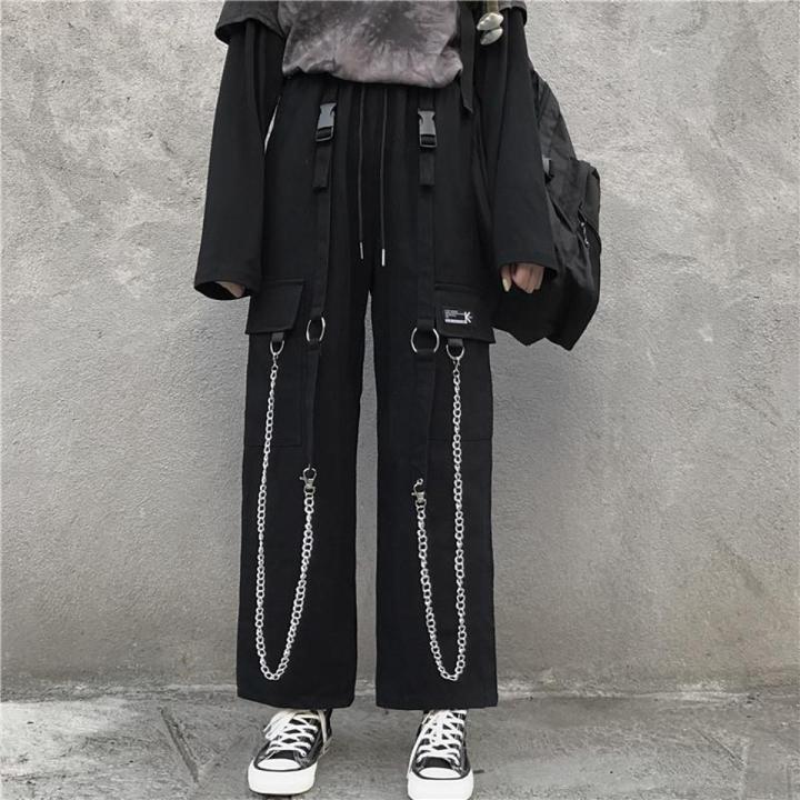 Gothic Cargo Pants Women Punk Chain Wide Leg Pants Korean Style Oversized Streetwear Trousers Female Techwear Emo BQ