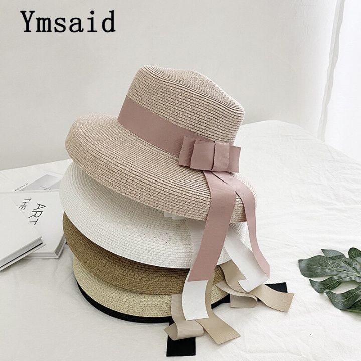 Summer%20Sun%20Hat%20Bow%20Straw%20Hat%20Visor%20Temperament%20Flat%20Panama%20Hats%20Women's%20Sea%20Beach%20Vacation%20Leisure%20Sunscreen%20Hat%20-%20Image%203