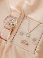 5pc Luxury Watch Women Ring Necklace Earrings Bracelet Set - New Fashion Ladies Quartz Wristwatch with Butterfly Leather Strap. 