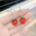 High-end diamond-encrusted red strawberry earrings Trendy niche personality simple super fairy net red ear hooks Fashion earrings.
