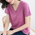 【100%Cotton Slub Cotton】Summer New Short SleeveTT-shirt Women's Korean-Style Large Size Loose All-MatchingV-Neck Top.