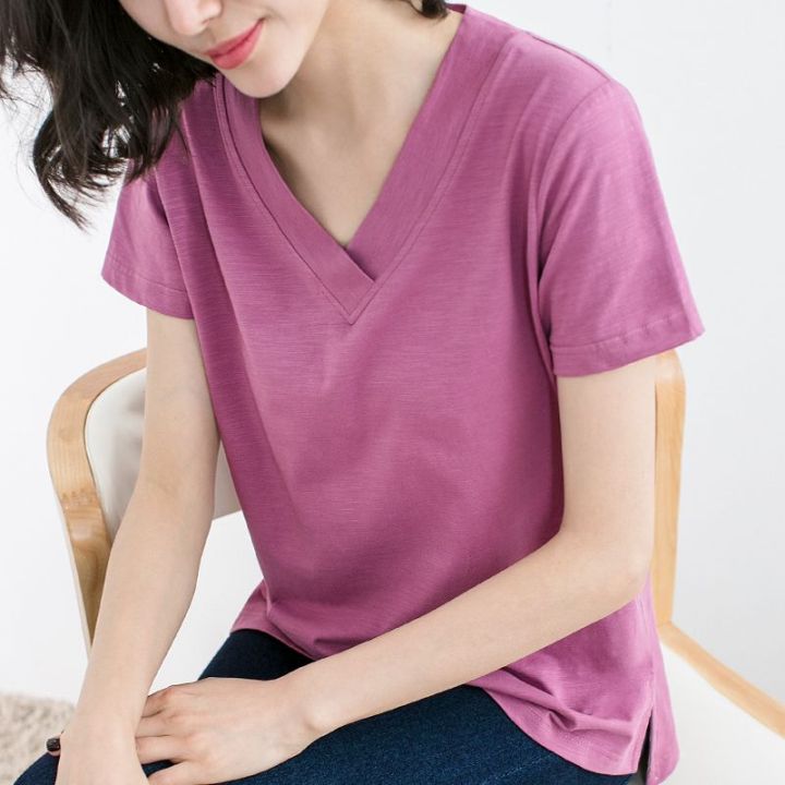 %E3%80%90100%25Cotton%20Slub%20Cotton%E3%80%91Summer%20New%20Short%20SleeveTT-shirt%20Women's%20Korean-Style%20Large%20Size%20Loose%20All-MatchingV-Neck%20Top%20-%20Image%203