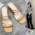 $4.80 74%OFF | Women Sandals Ladies Square Heels Elegant Summer Slippers Outside Cross Tied Leather Female Slides 2023 Fashion.
