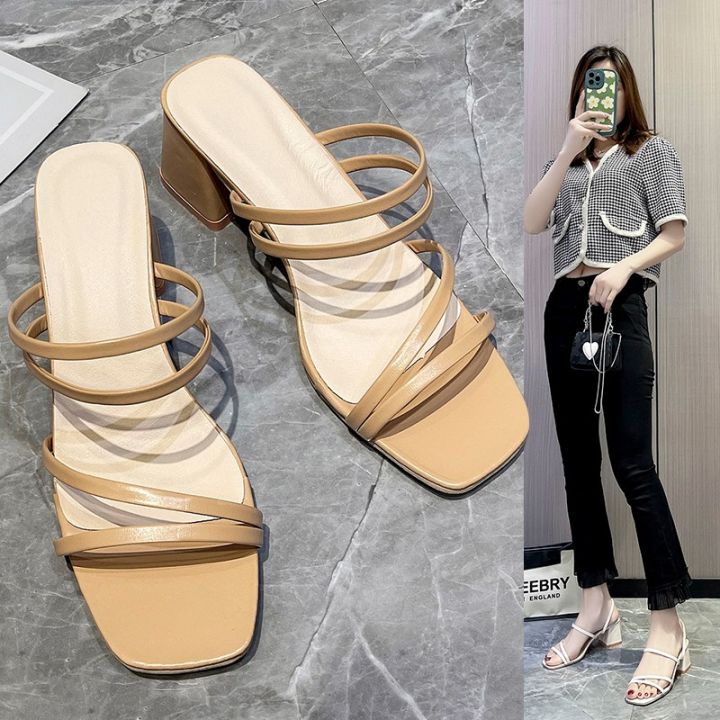 $4.80 74%OFF | Women Sandals Ladies Square Heels Elegant Summer Slippers Outside Cross Tied Leather Female Slides 2023 Fashion