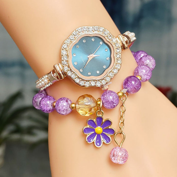 New Hot Selling Pearl Watch Bracelet Plum Blossom Watch Set Gift Full Diamond Women's Watch Factory Direct One Piece Dropshipping