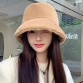 Korean Fashion Winter Furry Warm Bucket Hats For Women Lady Cute Plush Solid Color Windproof Thicken Outdoor Fisherman Cap Hat. 