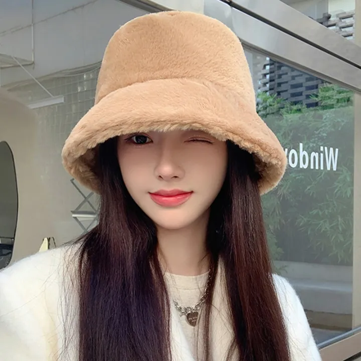 Korean%20Fashion%20Winter%20Furry%20Warm%20Bucket%20Hats%20For%20Women%20Lady%20Cute%20Plush%20Solid%20Color%20Windproof%20Thicken%20Outdoor%20Fisherman%20Cap%20Hat%20-%20Image%205
