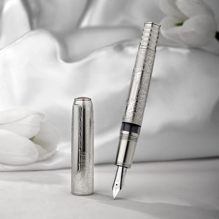 Hongdian 100 Silver Steel Piston Fountain Pen, Iridium Long Blade Fine Nib Calligraphy, Smooth Writing Pen